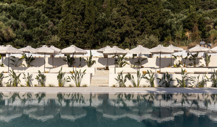 Valmar Corfu pool and sunbeds with trees view