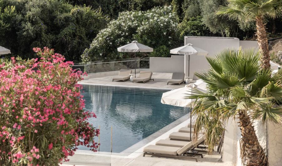 Valmar Corfu pool and sunbeds with garden view